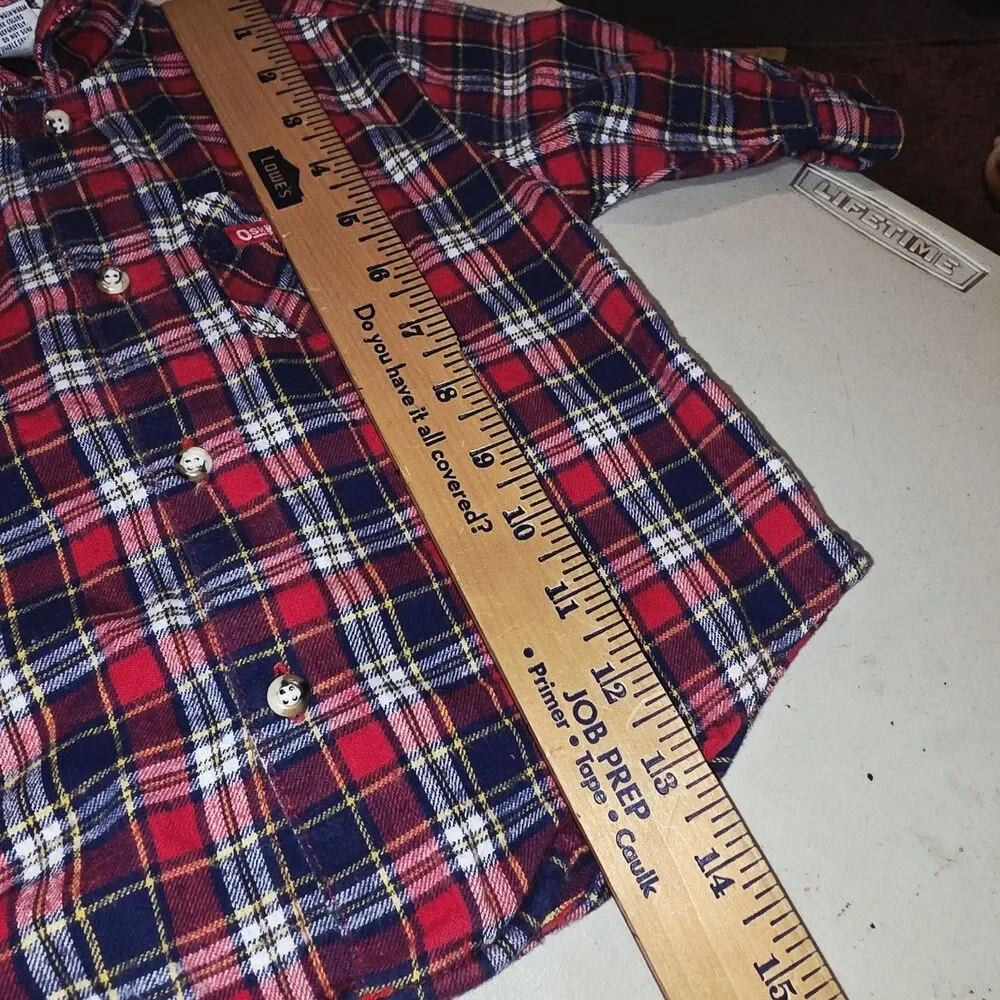 OSHKOSH B’GOSH Sz 18m USA Vintage 2015 Logo Denim Overalls & Red Flannel Shirt